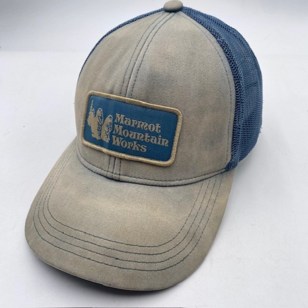 Marmot Mountain Works Trucker Hat Snapback Mens OS Tan Blue Mesh Vintage Patch